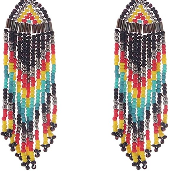 Long 4.5" Black Turquoise Red Oversized Earrings New Southwestern Tassel - Picture 2 of 4